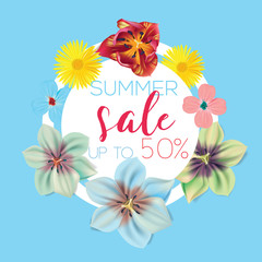 Summer sale Flower banner with text on blue background with beautiful flowers. Artistic design vector banners, greeting cards, summer sales.