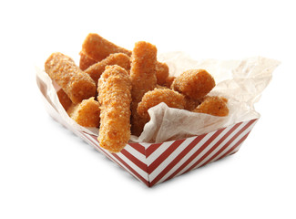 Paper box with cheese sticks on white background