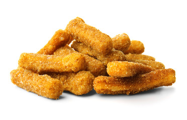 Tasty cheese sticks on white background