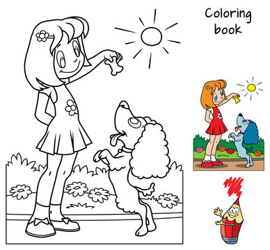 Little girl playing with a dog. Coloring book. Cartoon vector illustration