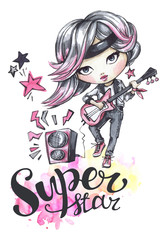 Watercolor card with young girl playing guitar. Calligraphy words Super Star .
