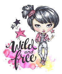Watercolor card with rocker girl. Calligraphy words Wild and Free.