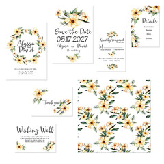 Template cards set with watercolor pink flowers illustrations; wedding design for invitation, Save the date card, RSVP, Thank you card, Wishing Well card,  for anniversary day