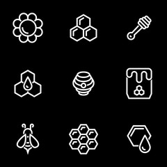Set of simple icons on a theme Bee, honey, sweet, vector, set. Black background
