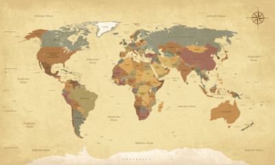 Mapa świata w języku niemieckim - Styl retro w stylu vintage - Teksty wektorowe: kraje, stolice, wyspy, morza ... - 161289354