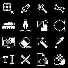Set of simple icons on a theme Graphic design, drawing, tools, vector, set. Black background