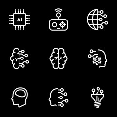 Set of simple icons on a theme Artificial intellect, mind, technology, vector, set. Black background