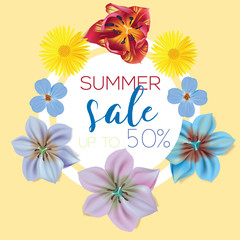 Summer sale Flower banner with text on yellow background with beautiful flowers. Artistic design vector banners, greeting cards, summer sales