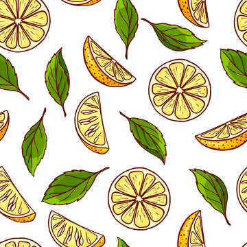 Cute seamless pattern made of hand drawn sliced lemons and leaves.