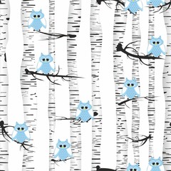 Seamless vector pattern in owls and birch - obrazy, fototapety, plakaty