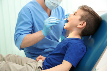 Dentist examining little boy's teeth in clinic