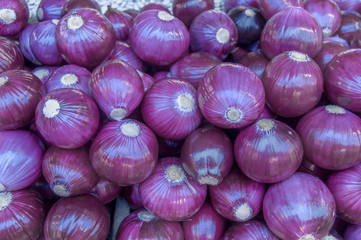 Big healthy vegan organic purple onions on market
