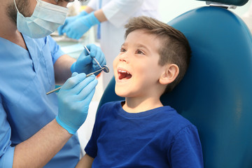 Dentist examining little boy's teeth in clinic