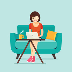 Happy young woman is relaxing on comfortable chair and using laptop. Vector flat illustration.