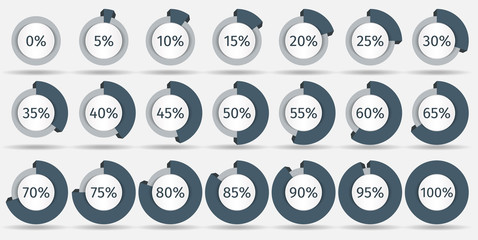 Set of 3d circle percentage diagrams for infographics, 0 5 10 15 20 25 30 35 40 45 50 55 60 65 70 75 80 85 90 95 100 percent. Vector illustration.