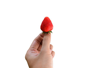 fresh strawberry in male left hand isolated on white background, clipping path