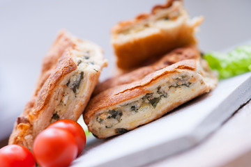 Pie with meat and fresh vegetables on plate 
