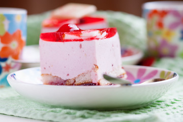Pieces of cake on a colorful dish