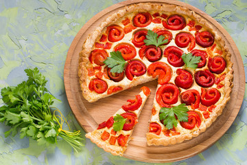 Delicious homemade pie with sweet pepper and cheese