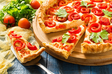Delicious homemade pie with sweet pepper and cheese