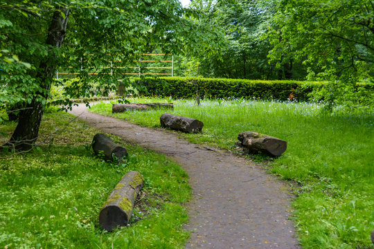 Ścieżka w parku miejskim, kłody drewna w formie ławek.