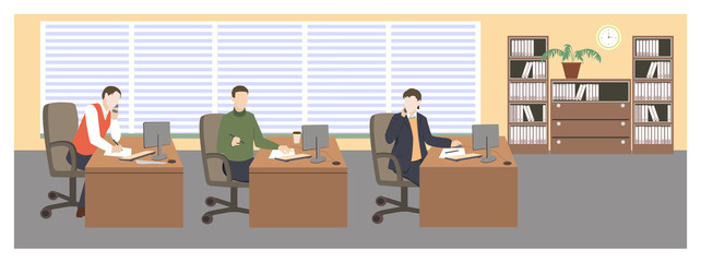 People in room. Office life. Flat style vector illustration. Situation in office. Workplace. Three men in office. Office interior.
