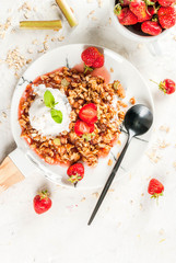 Healthy breakfast. Oatmeal granola crumble with rhubarb, fresh strawberries and blackberries, seeds and ice cream on marble white plate, with mint, on white stone concrete table, copy space top view