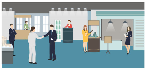 People at the exhibition business flat style vector illustration. Holding events. Presentation of business ideas in the gallery. Visitors of exhibition.
 - obrazy, fototapety, plakaty