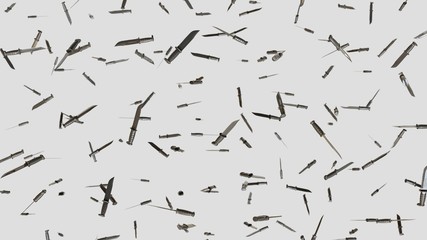 Numerous Plastic Toy Hunting Knives floating on a clean white background
