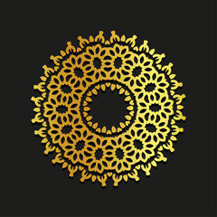 Linear gold vector ornamental mandala illustration. Abstract line art backdrop template logo. Golden beauty decorative design element on black background.