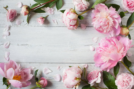 Fototapeta Pink peonies and roses on a wooden background