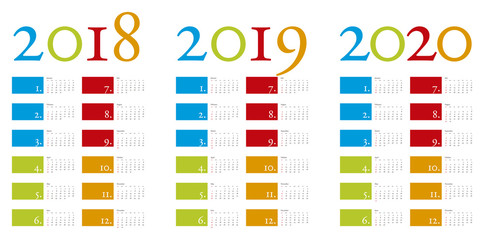 Colorful and elegant Calendar for years 2018, 2019 and 2020 in vector format
