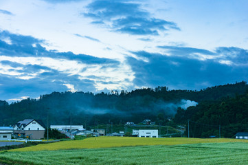 Japanese countryside village landscape with fields and mountains