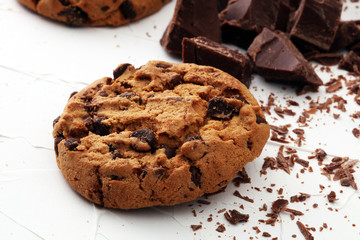 Chocolate cookies on white background. Chocolate chip cookies shot