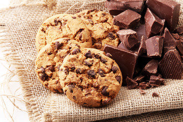 Chocolate cookies on white background. Chocolate chip cookies shot