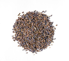 Pile of medicinal lavender herb flowers on white background