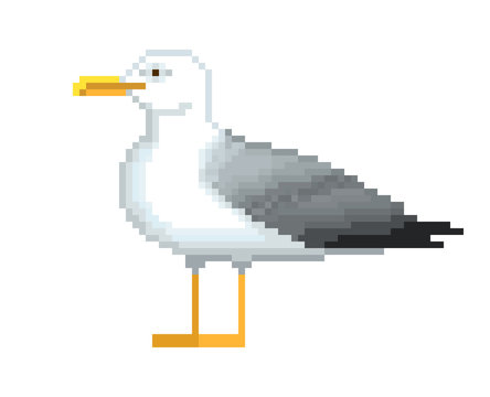 Old school 8 bit pixel art seagull standing on the ground.Sea bird icon isolated on white background. Side view gull symbol. Retro video/pc game character. Slot machine graphics. Summer vacation logo.