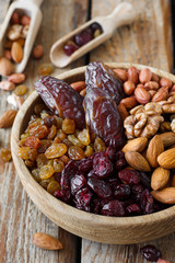 Mix of dried fruits and nuts in a wooden bowl