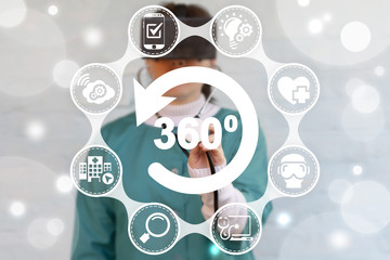 Three Hundred Sixty Degree Virtual Augmented Reality Hospital Medical Informative Innovative Technology. Doctor in VR glasses presses 360 degrees button on virtual screen. Smart 3D Health Care.