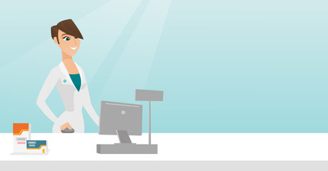 Pharmacist at counter with cash box.