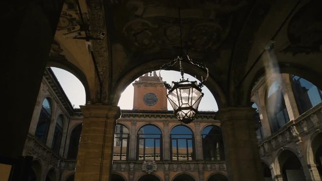 BOLOGNA, ITALY People walking in Santo Stefano square. dell'Archiginnasio