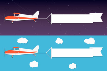 Flying advertising banner. Planes with horizontal banners in night outer space and day blue sky background