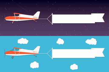Naklejka premium Flying advertising banner. Planes with horizontal banners in night outer space and day blue sky background