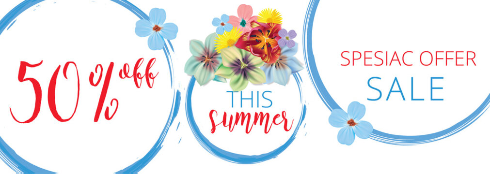 Summer sale Floral banner with text on white background with beautiful flowers. Artistic design vector banners, greeting cards, summer sales 50.