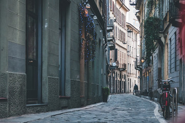Streets and buildings in Milan, Italy.
