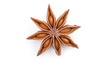 Star anise spice fruits and seeds isolated on white background closeup