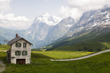 Fototapeta na wymiar Swiss house with mountain background