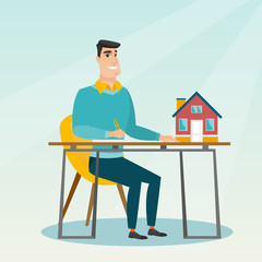 Real estate agent signing home purchase contract.