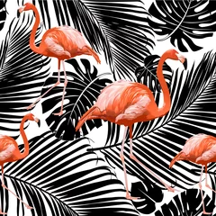 Photo sur Plexiglas Flamant Motif flamant rose sans couture avec des silhouettes de feuilles de palmier en noir sur fond blanc.