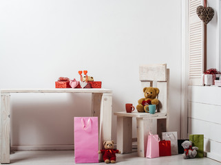 present boxes, bags, hearts, toys